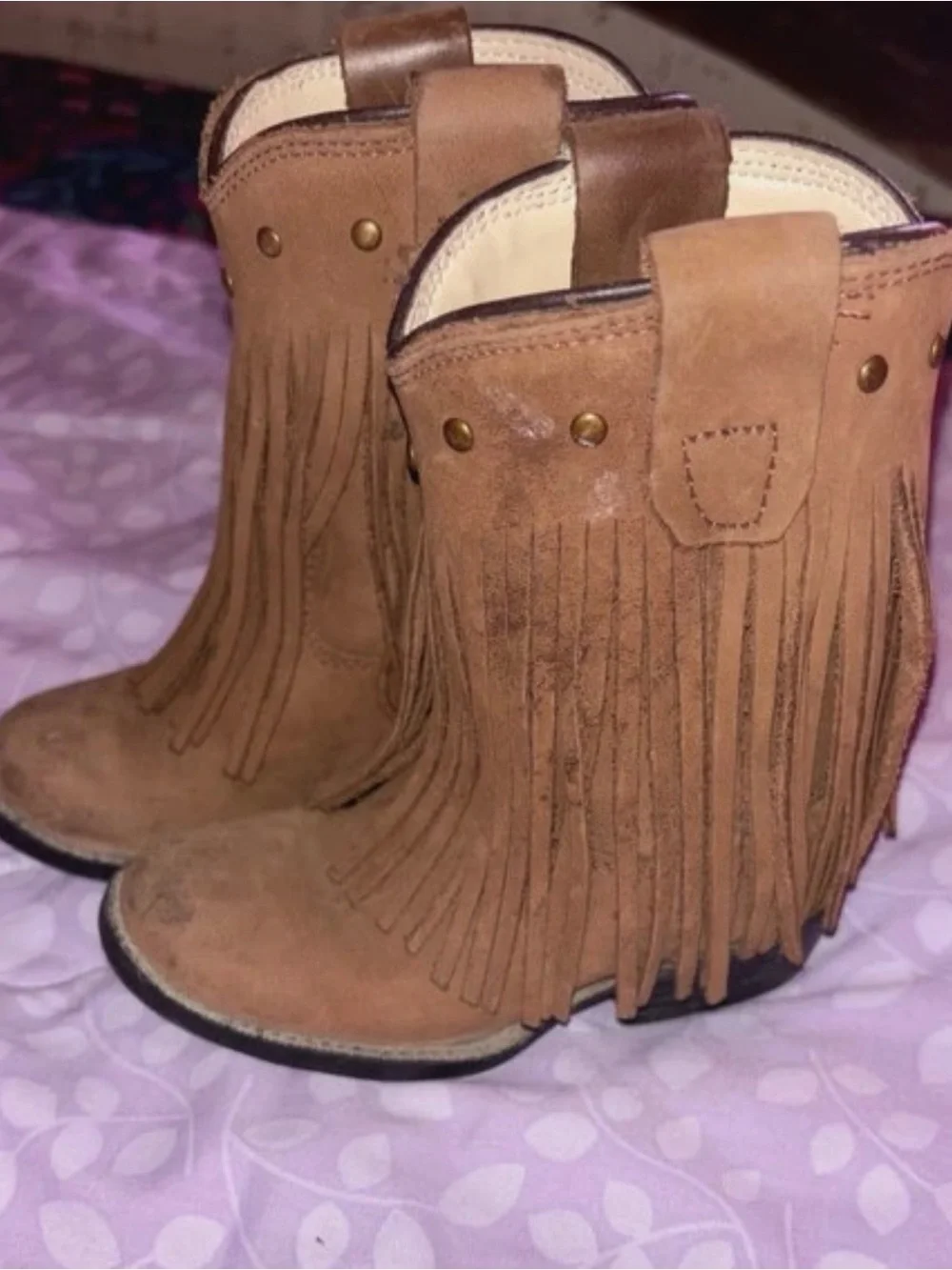 Old West Kids Tan Fringe Western Boots